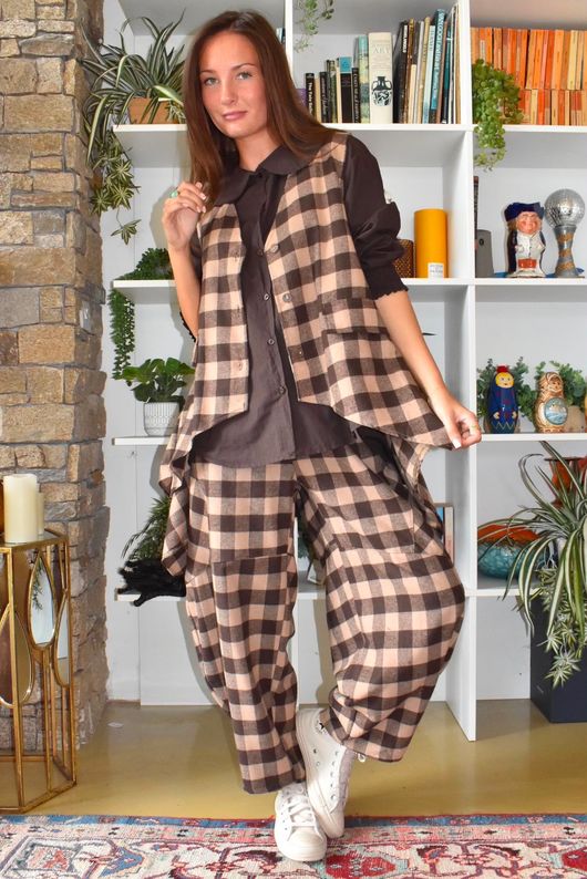 Nora Brushed Cotton Gingham Trapeze Waistcoat Coffee Bean